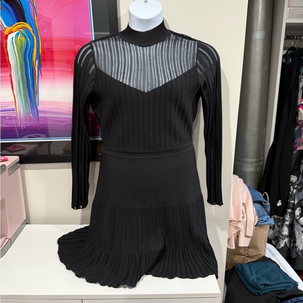 Reiss Black Sheer Panel Long Sleeve Jodie Dress - Large
